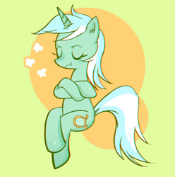 Size: 862x869 | Tagged: safe, artist:wtcolor, lyra heartstrings, slice of life (episode), :t, abstract background, crossed legs, ear fluff, eyes closed, grumpy, meme, pixiv, sitting, sitting lyra, solo, unamused