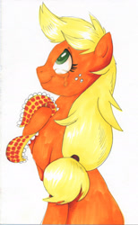 Size: 1676x2713 | Tagged: safe, artist:frozensoulpony, applejack, earth pony, pony, crying, implied granny smith, shawl, solo, teary eyes, traditional art