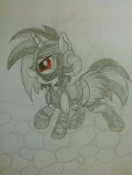 Size: 1944x2592 | Tagged: safe, artist:scratchie, dj pon-3, vinyl scratch, pony, unicorn, armor, dovahkiin, drawing, pencil drawing, skyrim, smiling, solo, the elder scrolls, traditional art