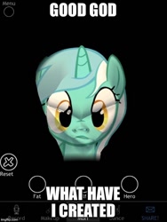 Size: 500x666 | Tagged: safe, lyra heartstrings, pony, unicorn, app, caption, female, horn, mare, what has science done