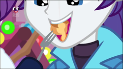 Size: 1280x720 | Tagged: safe, screencap, rarity, better together, equestria girls, holidays unwrapped, eating, food, fork, plusplus