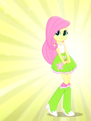 Size: 1536x2048 | Tagged: safe, fluttershy, equestria girls, commercial, cute, female, looking at you, magic of friendship, magic of friendship (equestria girls), music video, simple background, solo, yellow background