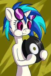 Size: 807x1201 | Tagged: safe, artist:brother orin, dj pon-3, vinyl scratch, pony, unicorn, eating, music, pica, record, solo