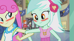 Size: 557x309 | Tagged: safe, edit, screencap, aqua blossom, bon bon, heath burns, lyra heartstrings, sophisticata, sweetie drops, all's fair in love and friendship games, equestria girls, friendship games, background human, blushing, female, lesbian, linked arms, lyrabon, shipping