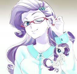 Size: 1773x1706 | Tagged: safe, artist:5mmumm5, rarity, pony, unicorn, equestria girls, anime, ear piercing, earring, female, glasses, gradient background, human ponidox, jewelry, mare, nail polish, one eye closed, piercing, rarity's glasses, ring, scissors, self ponidox, solo, spool, wink