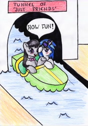 Size: 4899x7008 | Tagged: safe, artist:warumono1989, dj pon-3, octavia melody, vinyl scratch, earth pony, pony, unicorn, absurd resolution, annoyed, blushing, boat, duo, female, friendzone, ride, shipping denied, traditional art, tunnel, unamused, vinyl is not amused