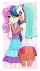 Size: 1080x1920 | Tagged: safe, artist:slackerburst, bon bon, lyra heartstrings, sweetie drops, human, life is a runway, clothes, dark skin, dress, equestria girls outfit, female, humanized, lesbian, lyrabon, shipping, skirt