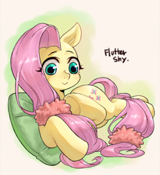 Size: 650x709 | Tagged: safe, artist:srets, fluttershy, pegasus, pony, eye clipping through hair, female, mare, name, pillow, prone, scrunchie, smiling, solo, stray strand, underhoof