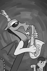 Size: 1000x1500 | Tagged: safe, artist:tapediggity, discord, octavia melody, earth pony, pony, monochrome, musical instrument, saxophone, sunglasses