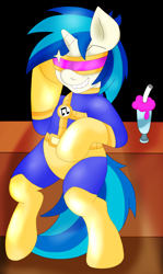 Size: 1344x2252 | Tagged: safe, artist:blackbewhite2k7, dj pon-3, vinyl scratch, pony, bipedal, bipedal leaning, commission, crossover, cyclops (marvel comics), grin, marvel, milkshake, parody, smiling, solo, sonata du octave, vyclops, wub, x-men