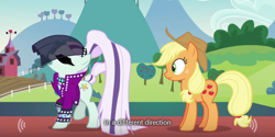 Size: 640x320 | Tagged: safe, artist:mlp-captions, screencap, applejack, coloratura, earth pony, pony, the mane attraction, countess coloratura, meme, youtube caption