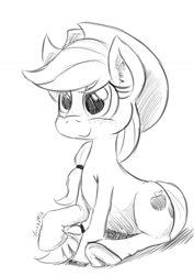 Size: 826x1169 | Tagged: safe, artist:darkhestur, applejack, earth pony, pony, freckles, grayscale, hat, monochrome, simple background, sitting, sketch, smiling, solo, underhoof, white background