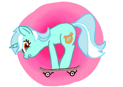 Size: 809x574 | Tagged: safe, artist:tanmansmantan, lyra heartstrings, pony, unicorn, abstract background, nervous, skateboard, solo