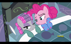 Size: 1920x1200 | Tagged: safe, screencap, maud pie, pinkie pie, pony, rock solid friendship, clothes, discovery family logo, hair curlers, lidded eyes, pajamas