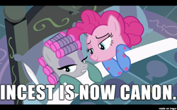 Size: 610x381 | Tagged: safe, edit, edited screencap, screencap, maud pie, pinkie pie, earth pony, pony, rock solid friendship, bed, canon, caption, clothes, female, image macro, implied sex, incest, lesbian, meme, out of context, pajamas, pillow, pinkiemaud, shipping