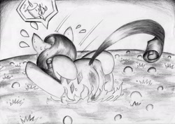 Size: 2327x1649 | Tagged: safe, artist:3500joel, rarity, pony, burned, burned butt, butt, butt fire, fire, lava, literal butthurt, monochrome, pain, plot, rarity is a marshmallow, rearity, solo, traditional art