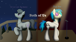 Size: 1909x1080 | Tagged: safe, artist:chatooka, dj pon-3, octavia melody, vinyl scratch, earth pony, pony, balcony, microphone, moonlight, music, octavian harmony, rule 63, sky, spotlight, stage, stars, track spin