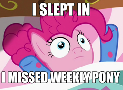 Size: 1054x774 | Tagged: safe, edit, edited screencap, screencap, pinkie pie, pony, rock solid friendship, bed, clothes, faic, footed sleeper, image macro, meme, pajamas, solo, wide eyes