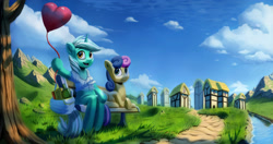 Size: 2708x1425 | Tagged: safe, artist:sceathlet, bon bon, lyra heartstrings, sweetie drops, balloon, sitting lyra