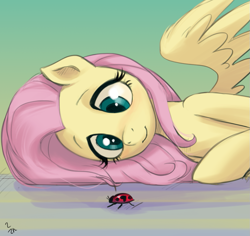 Size: 831x784 | Tagged: safe, artist:ehfa, fluttershy, ladybug, pegasus, pony, blushing, cute, looking at something, lying down, on side, shyabetes, smiling, solo, spread wings, wings