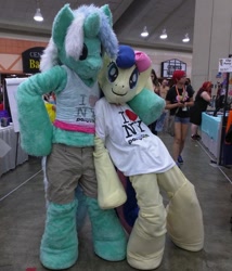 Size: 684x800 | Tagged: safe, artist:krysto-n-stuff, bon bon, lyra heartstrings, sweetie drops, bronycon, bronycon 2015, cosplay, fursuit, irl, photo