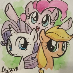 Size: 1080x1080 | Tagged: safe, artist:agnesgarbowska, applejack, pinkie pie, rarity, earth pony, pony, unicorn, looking at you, traditional art, trio, watercolor painting