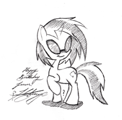 Size: 769x755 | Tagged: safe, artist:dereklestrange, dj pon-3, vinyl scratch, pony, unicorn, happy birthday, monochrome, solo, traditional art