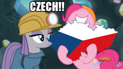 Size: 1067x599 | Tagged: safe, edit, edited screencap, screencap, maud pie, pinkie pie, pony, rock solid friendship, czech republic, czechia, discovery family logo, image macro, meme, pun