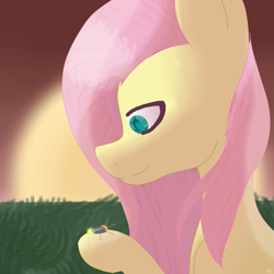 Size: 1024x1024 | Tagged: safe, artist:cassiekong, fluttershy, firefly (insect), pegasus, pony, bust, female, hoof hold, looking at something, looking down, mare, portrait, profile, raised hoof, smiling, solo