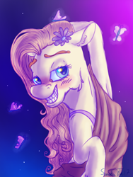 Size: 768x1024 | Tagged: safe, artist:sandutita, fluttershy, butterfly, pegasus, pony, armpits, bedroom eyes, bipedal, blushing, clothes, dress, floppy ears, flower, flower in hair, head turn, looking at you, off shoulder, smiling, solo, sultry pose