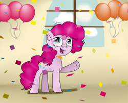 Size: 1336x1081 | Tagged: safe, artist:honestyponypaints, pinkie pie, pony, balloon, confetti, solo