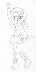 Size: 1037x2055 | Tagged: safe, artist:barryfrommars, lyra heartstrings, equestria girls, monochrome, solo, traditional art, waving, wondercolts uniform