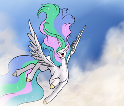 Size: 4414x3770 | Tagged: safe, artist:greyscaleart, princess celestia, alicorn, pony, cloud, cute, cutelestia, daaaaaaaaaaaw, ethereal mane, eyes closed, eyeshadow, female, floppy ears, flying, greyscaleart is trying to murder us, happy, high res, hoof polish, horn, long tail, majestic, makeup, mare, missing accessory, open mouth, sky, smiling, solo, sparkly mane, spread wings, wings