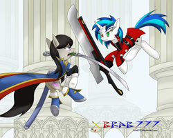 Size: 999x799 | Tagged: safe, artist:brab777, dj pon-3, octavia melody, vinyl scratch, earth pony, pony, blazblue, crossover, jin kisaragi, ragna the bloodedge