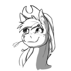 Size: 1000x1000 | Tagged: safe, artist:geomancing, applejack, earth pony, pony, monochrome, solo, straw