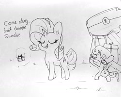 Size: 1742x1391 | Tagged: safe, artist:tjpones, rarity, sweetie belle, pony, unicorn, sleepless in ponyville, cutie mark, female, filly, glowing horn, horn, lineart, magic, mare, raribitch, suitcase, sweat, telekinesis, the cmc's cutie marks