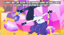 Size: 600x337 | Tagged: safe, edit, edited screencap, screencap, rarity, better together, do it for the ponygram!, equestria girls, caption, grammar error, image macro, rotary phone, tangled up, telephone cord, text, the other side bloopers