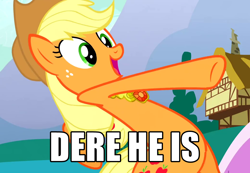 Size: 1040x720 | Tagged: safe, edit, edited screencap, screencap, applejack, earth pony, pony, magical mystery cure, caption, cool cat saves the kids, cropped, dere he is, image macro, meme, solo