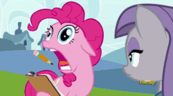 Size: 800x447 | Tagged: safe, screencap, maud pie, pinkie pie, earth pony, pony, rock solid friendship, animated, clipboard, discovery family logo, faic, female, frown, gif, hoof hold, loop, majestic as fuck, mare, open mouth, pencil, screaming, spinning, tongue out, wat, wide eyes