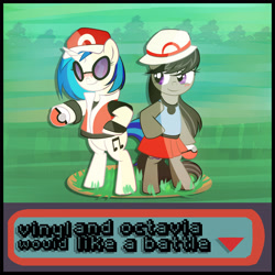 Size: 4100x4100 | Tagged: safe, artist:xwhitedreamsx, dj pon-3, octavia melody, vinyl scratch, earth pony, pony, absurd resolution, blushing, cosplay, leaf (pokémon), pokéball, pokémon, red (pokémon), upright