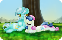 Size: 1024x663 | Tagged: safe, artist:karzii, bon bon, lyra heartstrings, sweetie drops, eyes closed, female, lesbian, lyrabon, shipping, tree