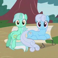 Size: 236x236 | Tagged: safe, screencap, linky, lyra heartstrings, shoeshine, earth pony, pony, unicorn, dragonshy, bench, cropped, duo, female, it begins, mare, meme origin, prone, sitting, sitting lyra