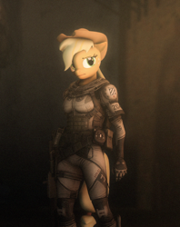 Size: 1284x1620 | Tagged: safe, artist:nikpinkie, applejack, anthro, 3d, armor, gun, shotgun, solo, source filmmaker, titanfall, weapon