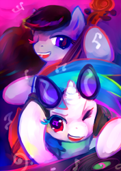 Size: 600x848 | Tagged: safe, artist:scarlet-songstress, dj pon-3, octavia melody, vinyl scratch, earth pony, pony, psychedelic, wink