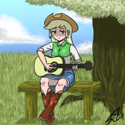 Size: 1000x1000 | Tagged: safe, artist:acesrockz, applejack, human, belt, bench, boots, clothes, cowboy hat, denim skirt, equestria girls outfit, guitar, hat, humanized, skirt, solo, stetson, tree