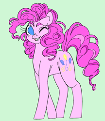 Size: 2734x3168 | Tagged: safe, artist:waywardeggs, pinkie pie, earth pony, pony, green background, high res, one eye closed, simple background, smiling, solo, wink