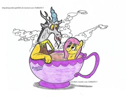 Size: 1024x792 | Tagged: safe, artist:artistnjc, discord, fluttershy, draconequus, pegasus, pony, bath, cup, simple background, steam, teacup, traditional art, wet