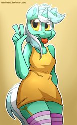 Size: 1024x1658 | Tagged: safe, artist:neoncel, artist:tentauncool, lyra heartstrings, anthro, collaboration, clothes, dress, peace sign, socks, solo, striped socks, tongue out