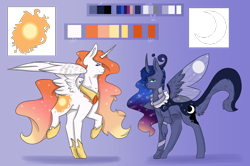 Size: 2996x1984 | Tagged: safe, artist:sora-choi, princess celestia, princess luna, alicorn, cat pony, dracony, hybrid, original species, pony, alternate universe, cutie mark, duo, ethereal mane, female, galaxy mane, gradient background, looking at you, mare, peytral, raised hoof, redesign, reference sheet, regalia, spread wings, starry mane, wings