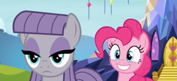 Size: 1359x625 | Tagged: safe, screencap, maud pie, pinkie pie, earth pony, pony, rock solid friendship, happy, smiling, twilight's castle